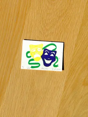 Comedy Tragedy Mardi Gras Theatre Masks New Orleans Hand-carved Lino Print Mini ACEO aceo art card thumbnail 1