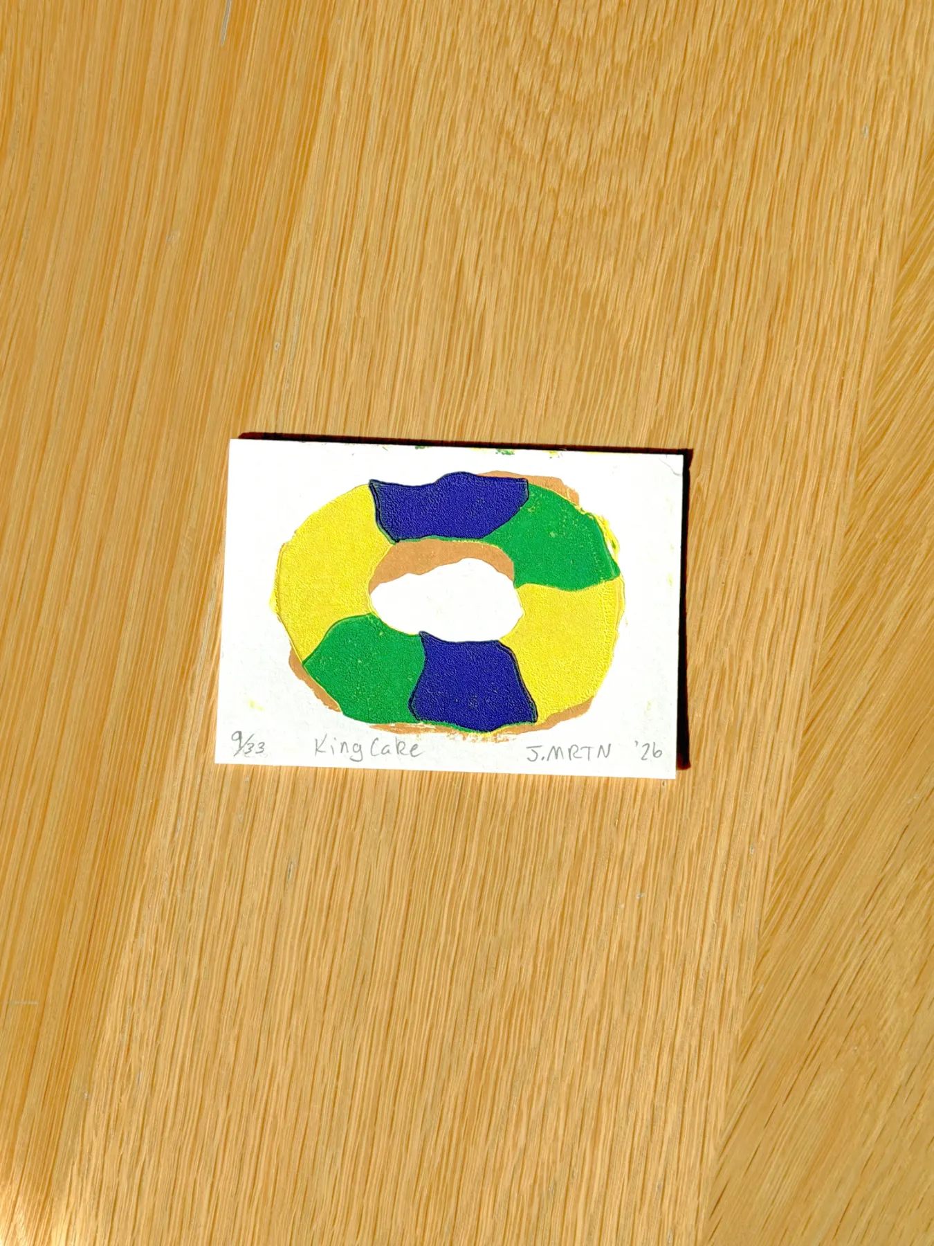 Mardi Gras King Cake New Orleans Tradition Hand-carved Lino Print Mini ACEO aceo art card