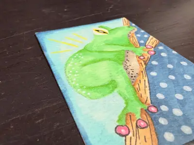 Original ACEO Art Whimsical Frog on a Branch Art Acrylic/Ink Mini 2.5x3.5 aceo art card thumbnail 2