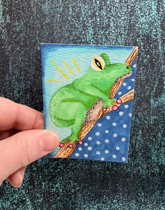 Original ACEO Art Whimsical Frog on a Branch Art Acrylic/Ink Mini 2.5x3.5 aceo art card
