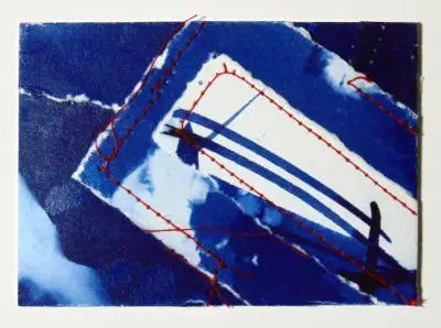 Blueprint Sewn Collage 3 Original ACEOs Cyanotype aceo art card thumbnail 1