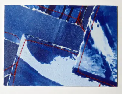 Blueprint Sewn Collage 3 Original ACEOs Cyanotype aceo art card thumbnail 2