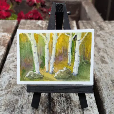 Birch Trees and Rocks aceo art card thumbnail 2