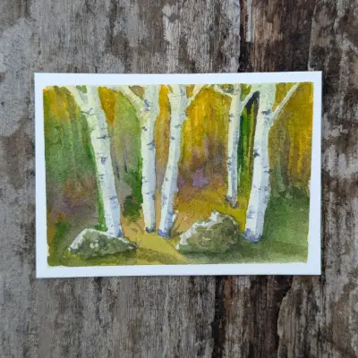 Birch Trees and Rocks aceo art card thumbnail 1