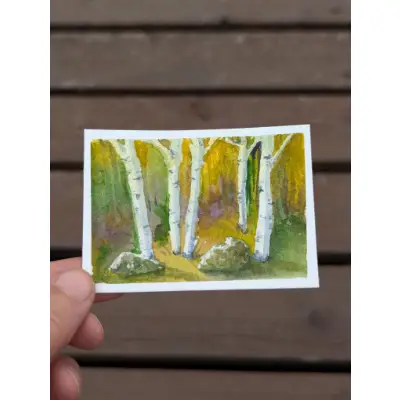 Birch Trees and Rocks aceo art card thumbnail 5