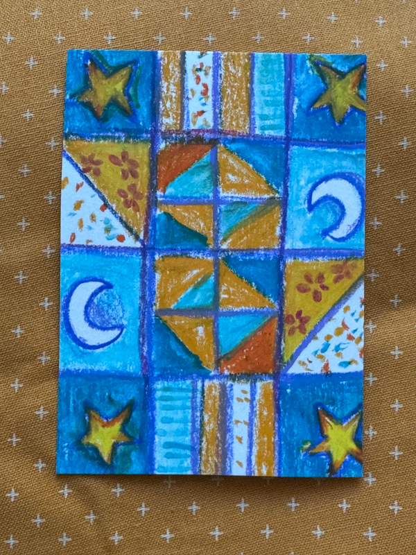 ACEO original Moonlight Starlight quilt Pastel by fabled day aceo art card
