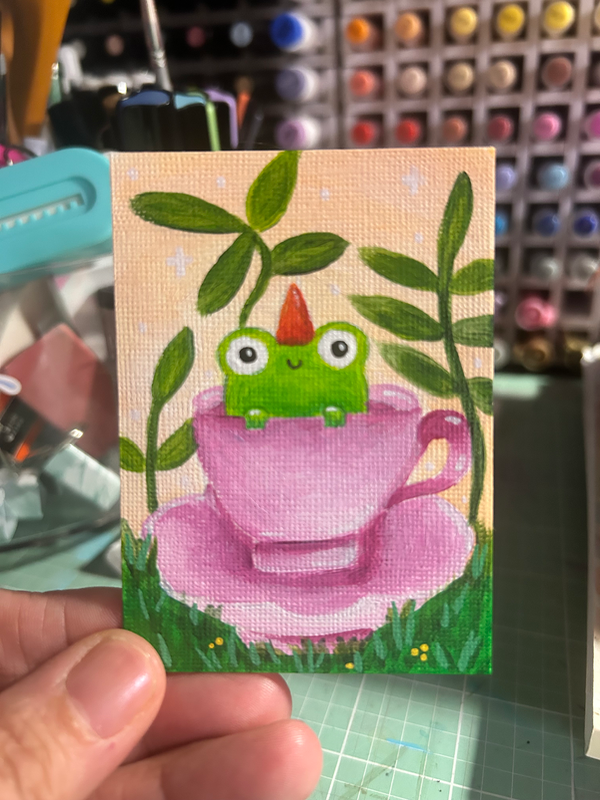 Froggy in a teacup aceo art card