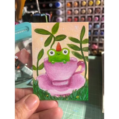 Froggy in a teacup aceo art card thumbnail 1