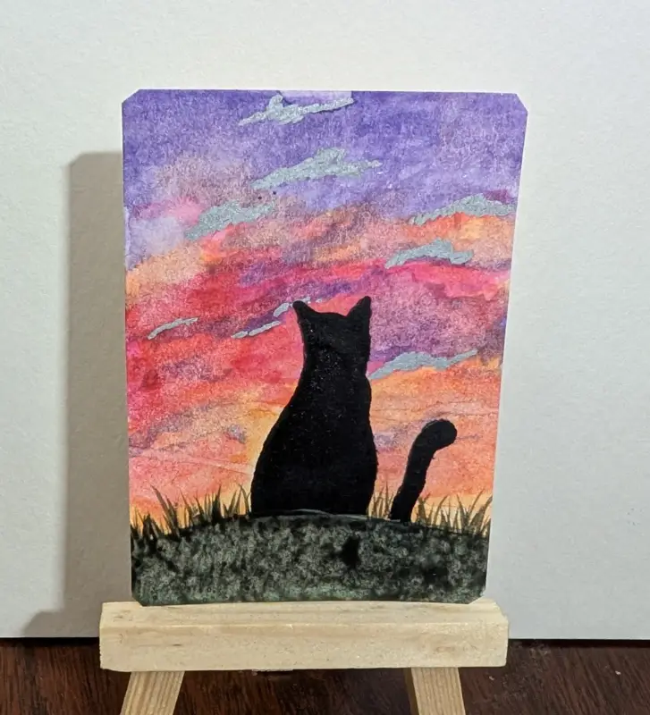 Cat at sunset aceo art card