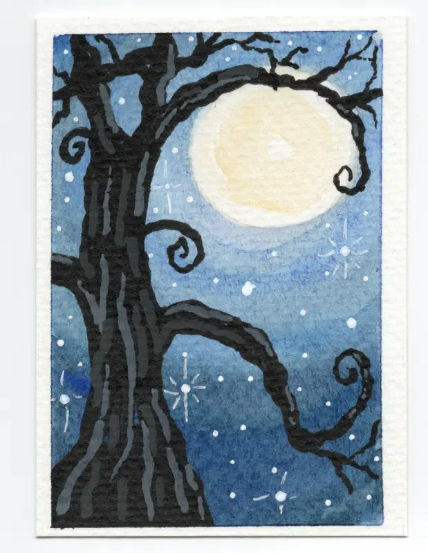 Spooky Tree in the Blue Night aceo art card
