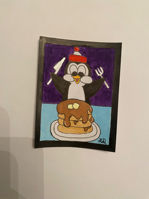Penguin and Pancakes aceo art card thumbnail 1