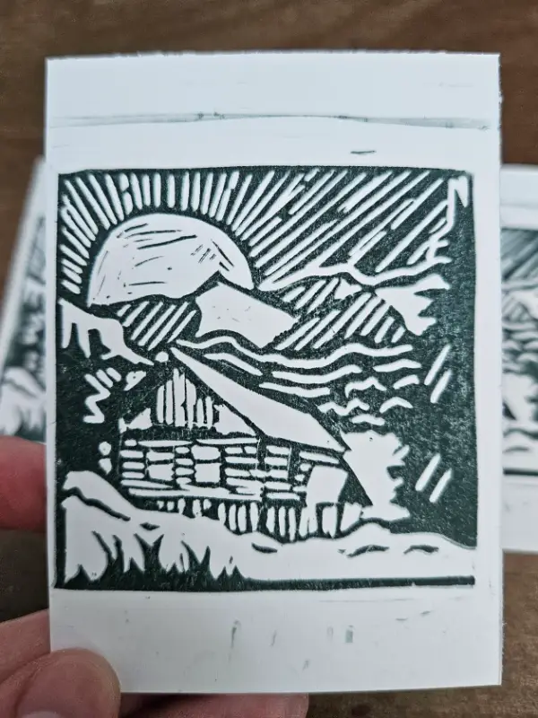 Original Mini Linocut of a Cabin (3/3) aceo art card