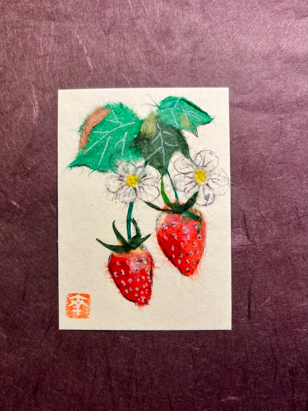 Strawberries on vine- Japanese Washi art aceo art card