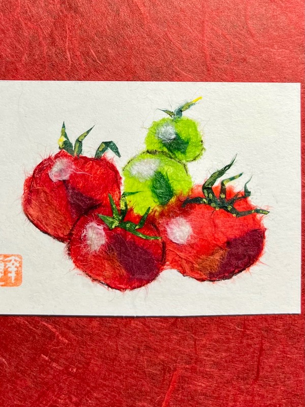 Japanese Washi art- a family of tomatoes aceo art card
