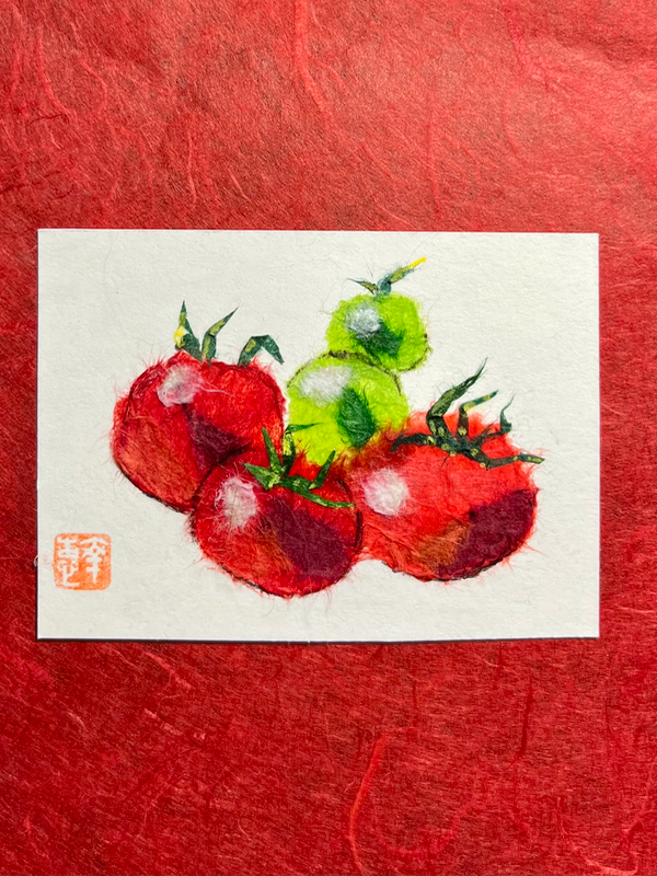 Japanese Washi art- a family of tomatoes aceo art card