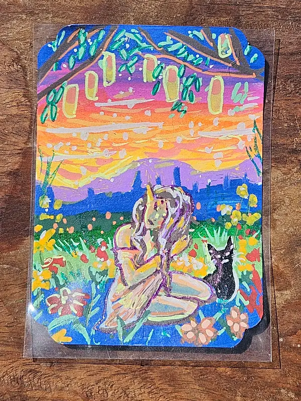Garden Sunset with Elf and Kitty aceo art card
