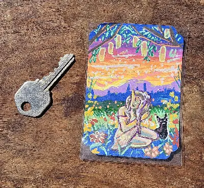 Garden Sunset with Elf and Kitty aceo art card thumbnail 3