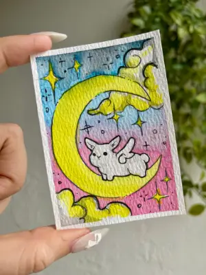 Angel Bunny on the Moon aceo art card thumbnail 2