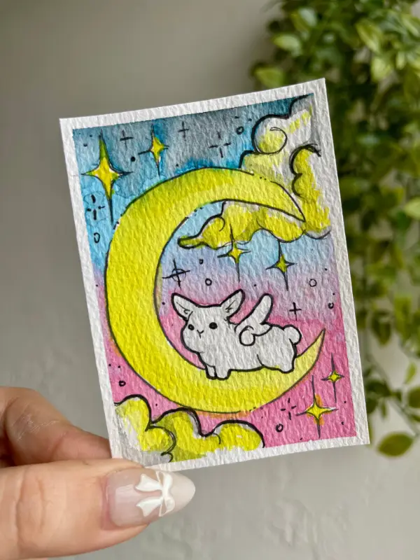 Angel Bunny on the Moon aceo art card