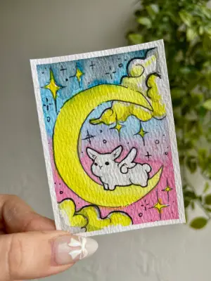 Angel Bunny on the Moon aceo art card thumbnail 1