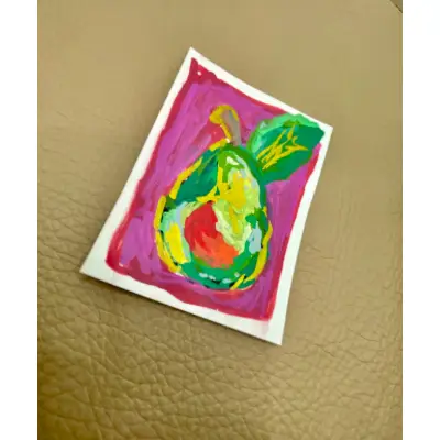 Abstract Pear ACEO | Original Art Card Painted Gold Accent Botanical Fruit aceo art card thumbnail 2