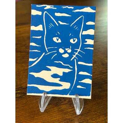 Cat in the Clouds, Blue #1, Hand-Carved Block Print aceo art card thumbnail 2