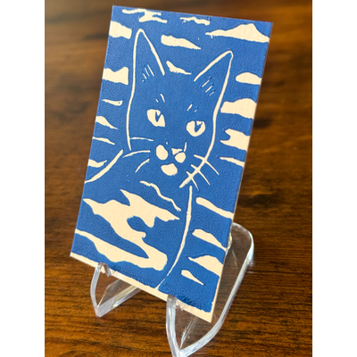 Cat in the Clouds, Blue #1, Hand-Carved Block Print aceo art card thumbnail 3