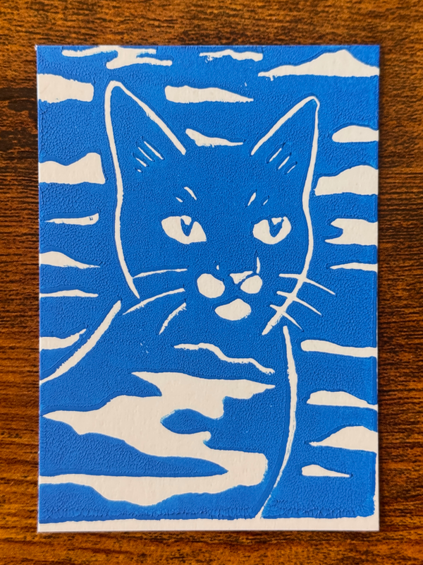 Cat in the Clouds, Blue #1, Hand-Carved Block Print aceo art card