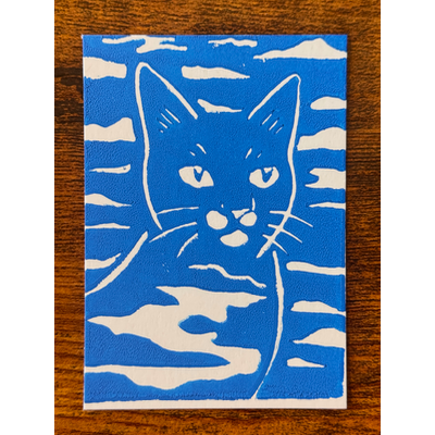 Cat in the Clouds, Blue #1, Hand-Carved Block Print aceo art card thumbnail 1