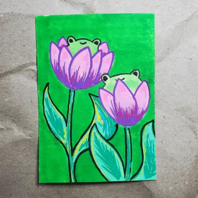 Teacup Frog Flowers aceo art card thumbnail 2