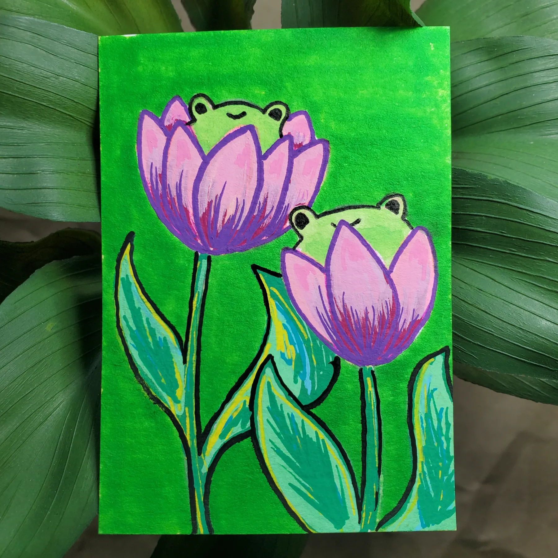 Teacup Frog Flowers aceo art card