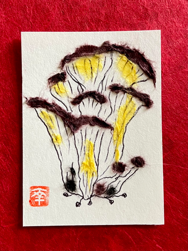 Japanese Washi art- hiratake mushrooms aceo art card