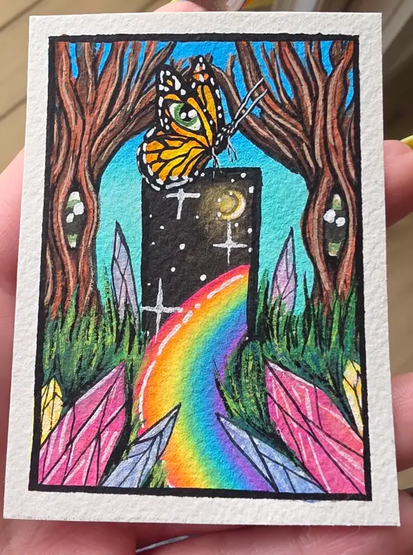 ACEO Original Surreal Mixed Media Painting Monarch Rainbow Trees Portal Crystals aceo art card