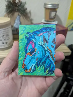 Blue horse equine stylized abstract painting by LadyLanval aceo art card thumbnail 2