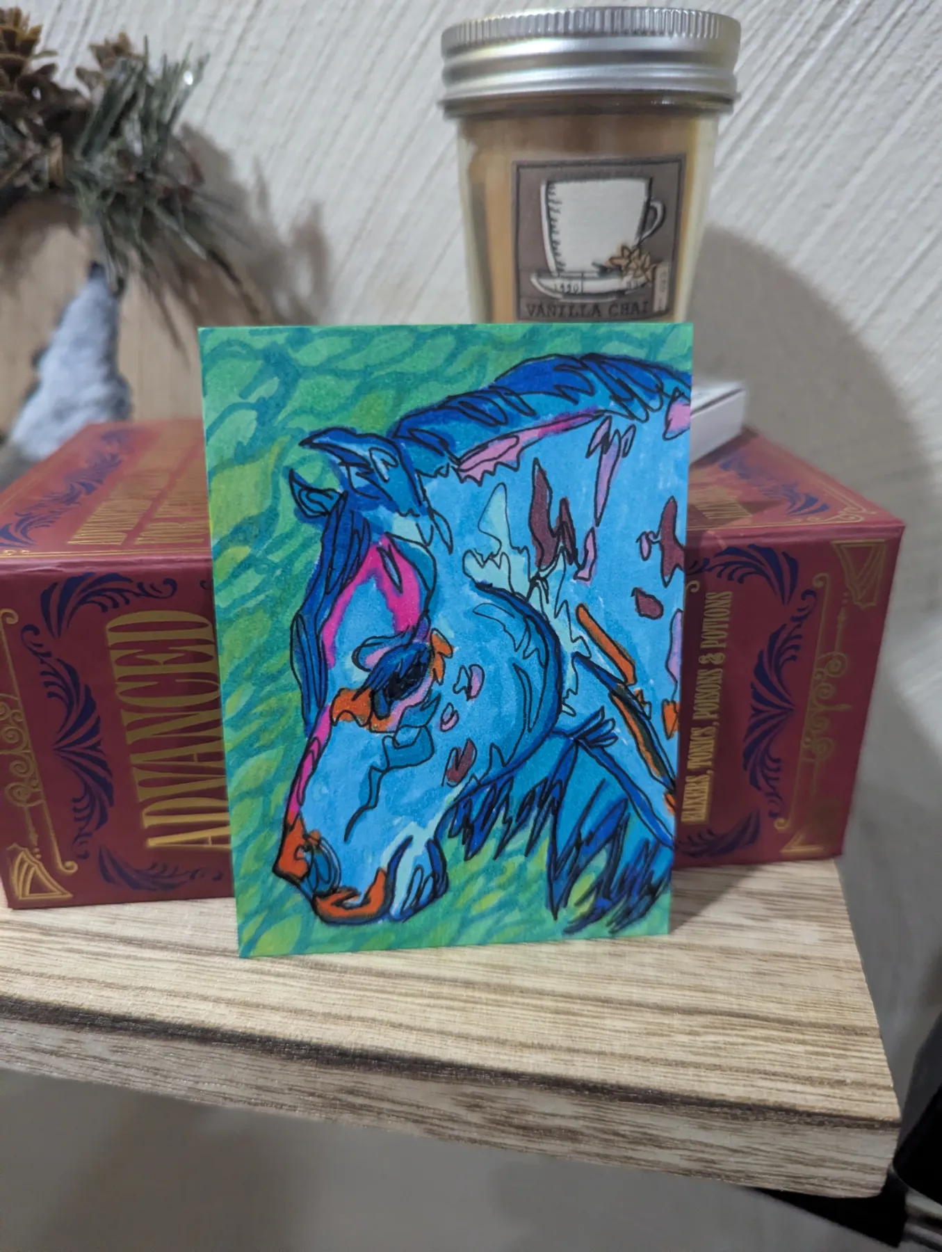 Blue horse equine stylized abstract painting by LadyLanval aceo art card