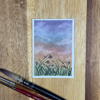 ACEO Watercolor, Landscape, Original, “Rainbow Sunset”, 3.5x2.5in, By Lark Watercolor aceo art card thumbnail 3