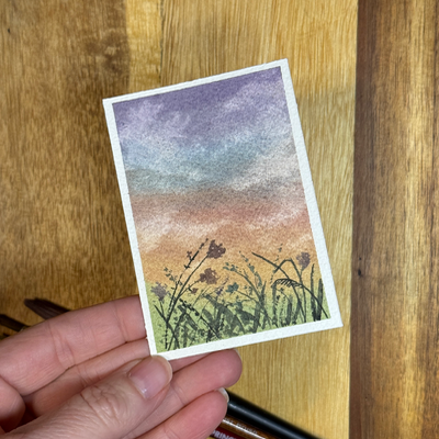 ACEO Watercolor, Landscape, Original, “Rainbow Sunset”, 3.5x2.5in, By Lark Watercolor aceo art card thumbnail 2