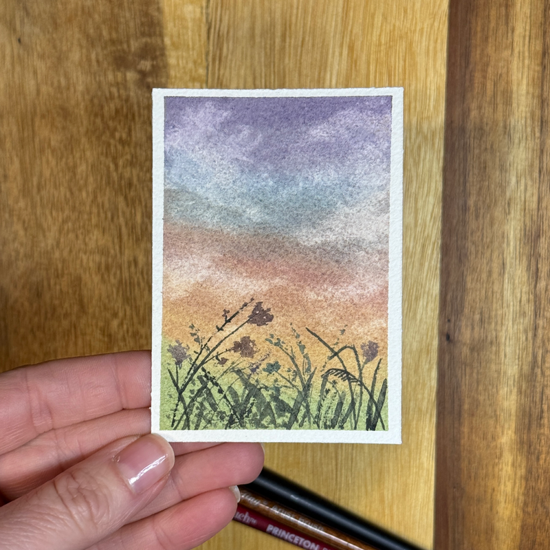 ACEO Watercolor, Landscape, Original, “Rainbow Sunset”, 3.5x2.5in, By Lark Watercolor aceo art card