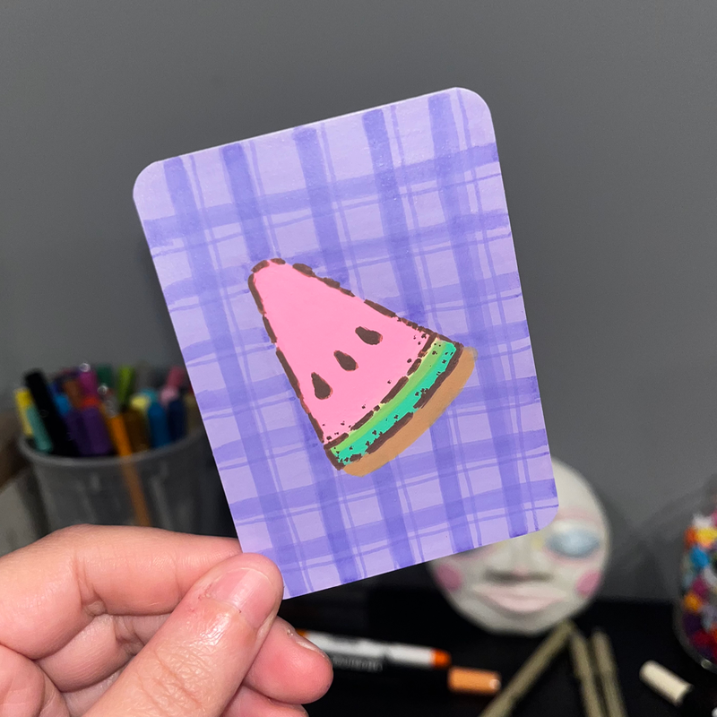 original aceo picnic series 5/5 watermelon slice bbq food sweet juicy purple checkered plaid aceo art card