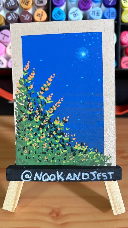 Orange flowers at night with the moon aceo art card