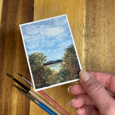 ACEO Watercolor, Landscape, Original, Marsh, “Pinnacle Mountain Overlook”, 3.5x2.5in, By Lark Waterc aceo art card thumbnail 2