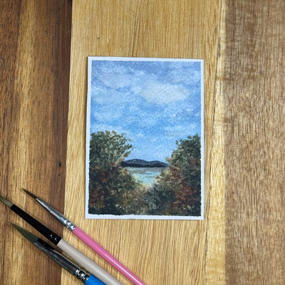ACEO Watercolor, Landscape, Original, Marsh, “Pinnacle Mountain Overlook”, 3.5x2.5in, By Lark Waterc aceo art card thumbnail 3