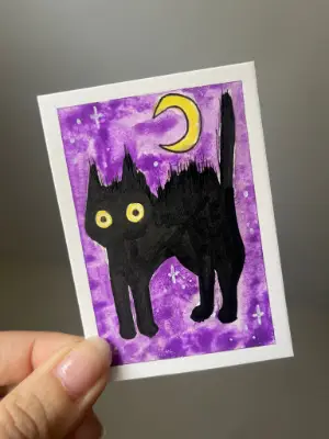 Spooky Black Cat aceo art card thumbnail 1