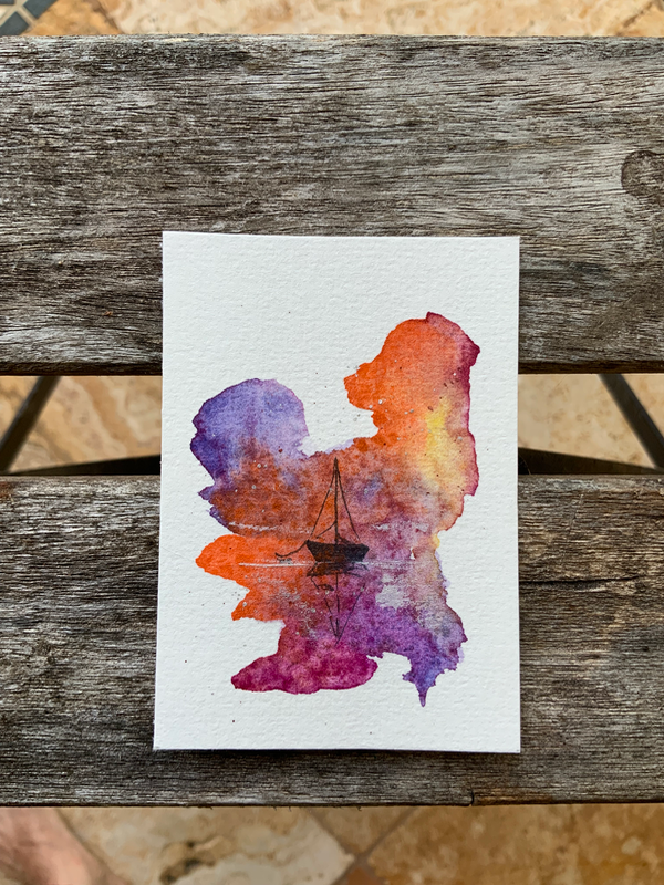 Watercolor abstract “lonely boat” aceo art card