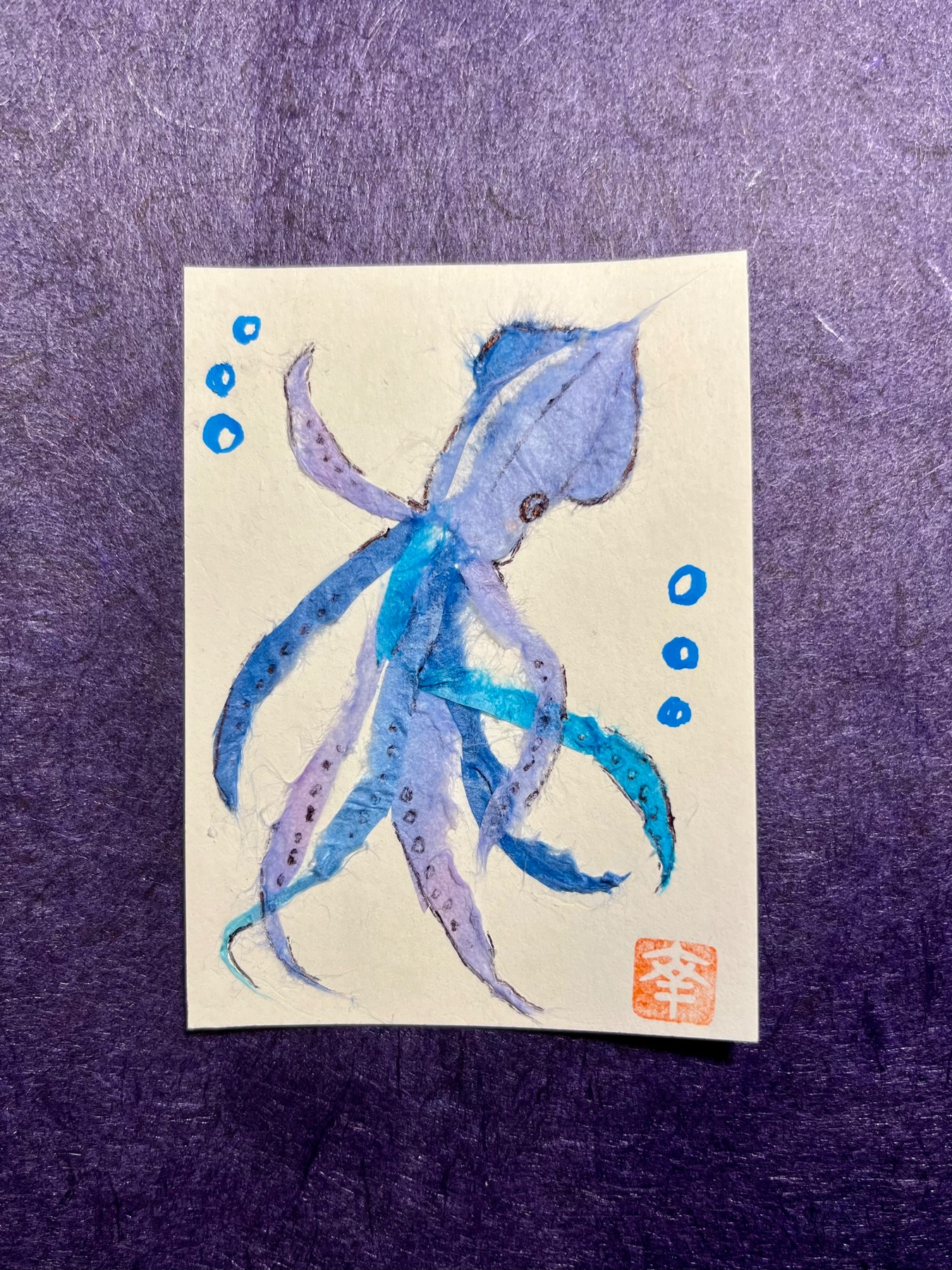 Japanese Washi art - squid (ika) aceo art card