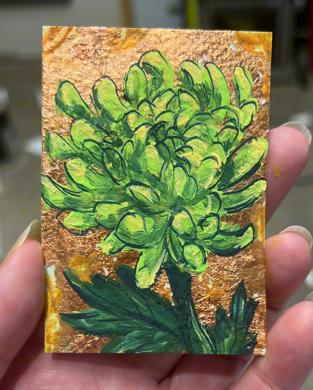 Green chrysanthemum on copper aceo art card
