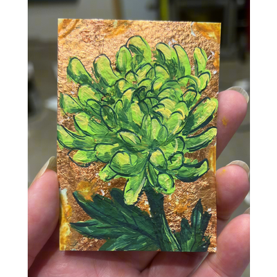 Green chrysanthemum on copper aceo art card thumbnail 1