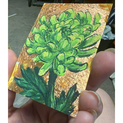 Green chrysanthemum on copper aceo art card thumbnail 2