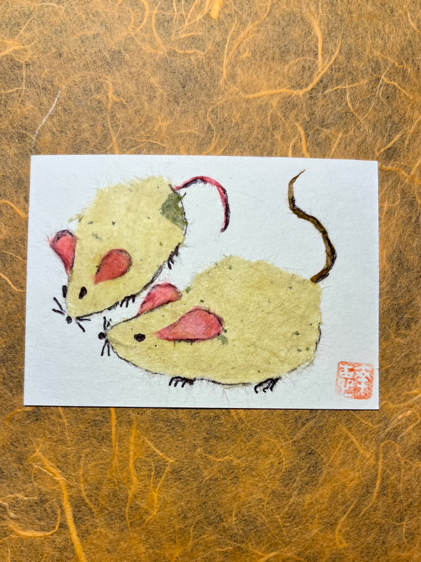 Bro & Sis mice- Japanese Washi art aceo art card