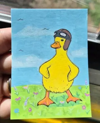 Ready for Flight Duckling, Duck, ACEO, Acrylic Paint Markers, Ink, by MN_Art aceo art card thumbnail 1